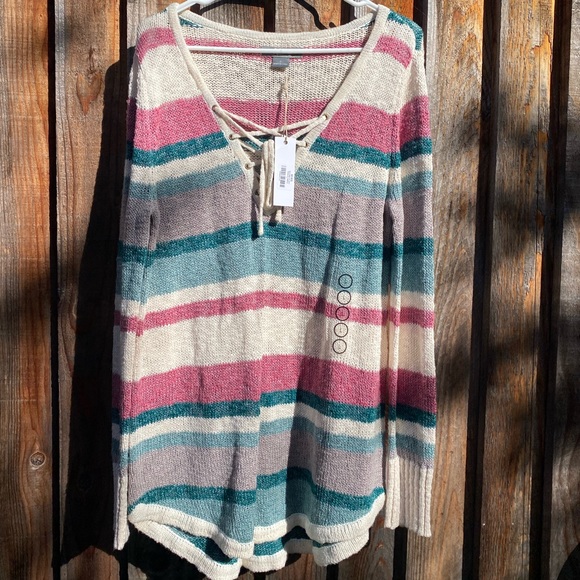 Natural Reflctions Lace Up Sweater - Picture 1 of 3